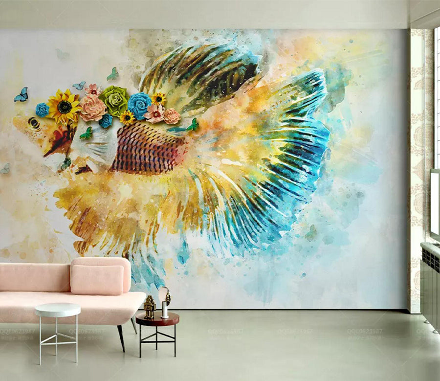 3D Goldfish Sunflower WC696 Wall Murals