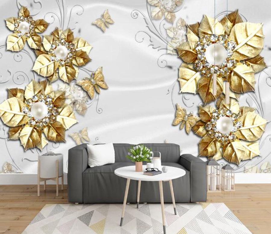 3D Golden Leaves 379 Wall Murals