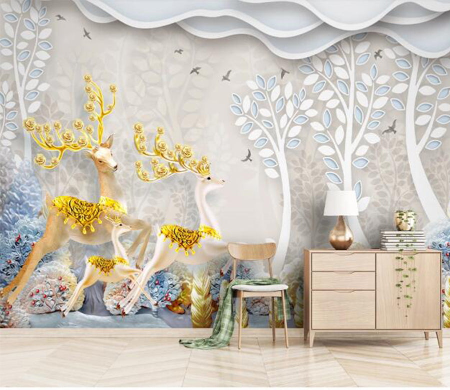 3D Golden Deer WC1325 Wall Murals