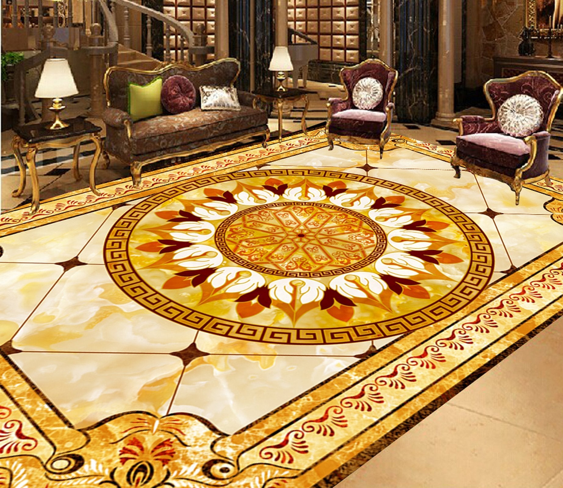 3D Gold Pattern WG529 Floor Mural  Self-Adhesive Sticker Bathroom Non-slip Waterproof Flooring Murals