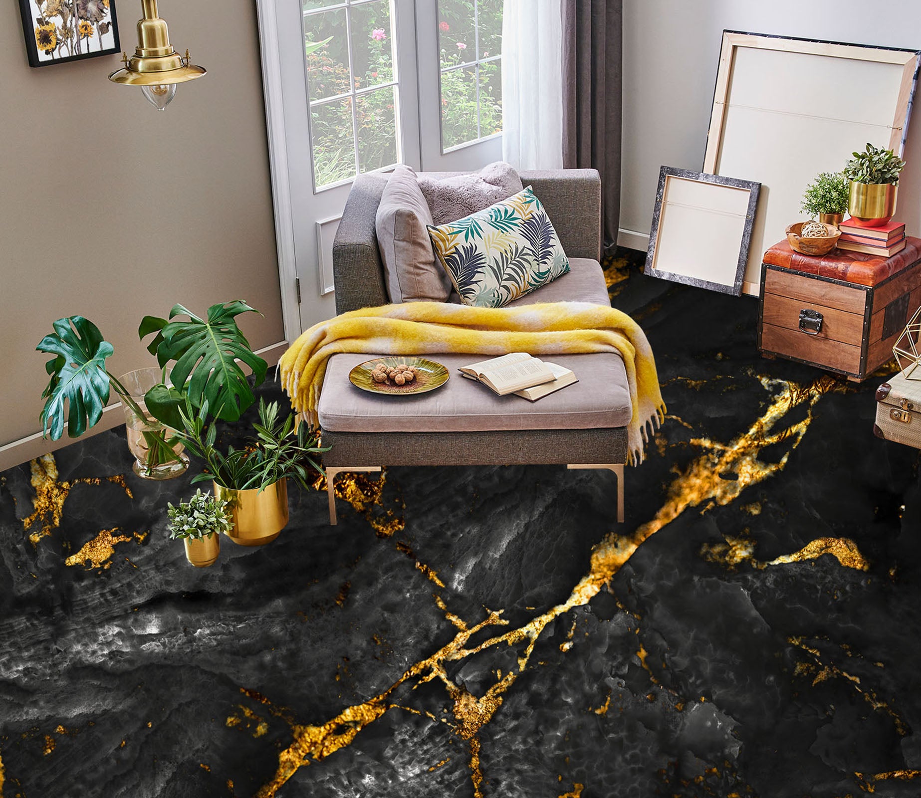 3D Gold And Black 775 Floor Mural  Wallpaper Murals Rug & Mat Print Epoxy waterproof bath floor