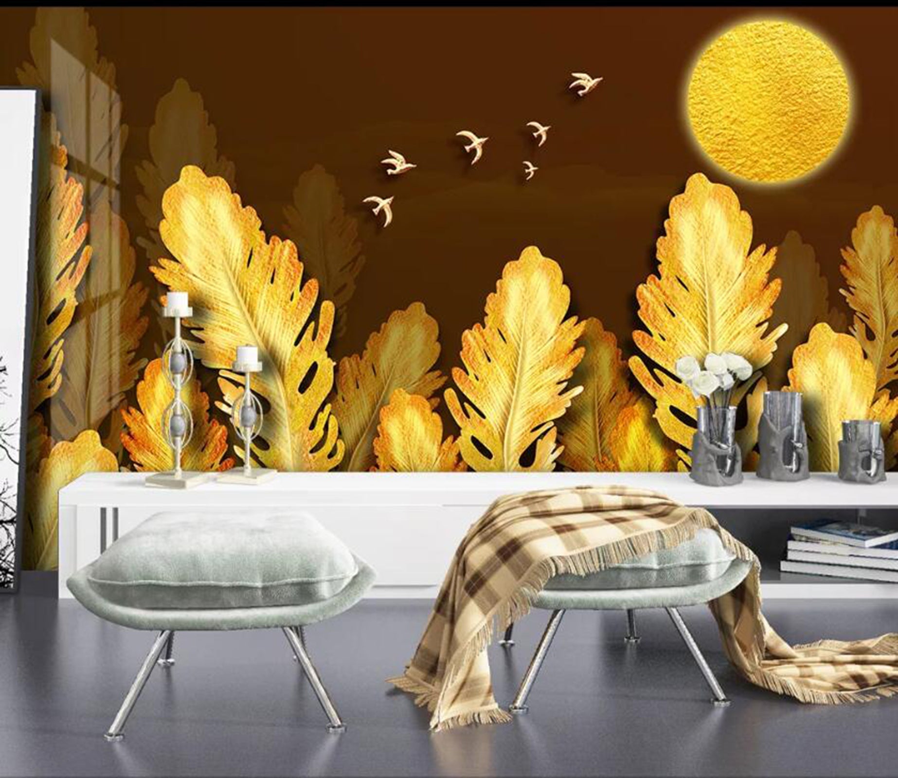 3D Golden Leaves WC47 Wall Murals