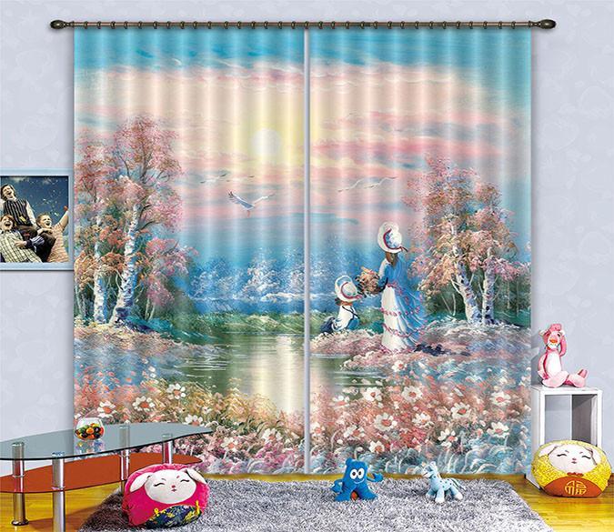 3D Girls River Scenery 243 Curtains Drapes