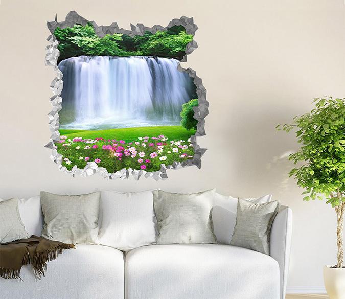 3D Grassland Waterfall 235 Broken Wall Murals