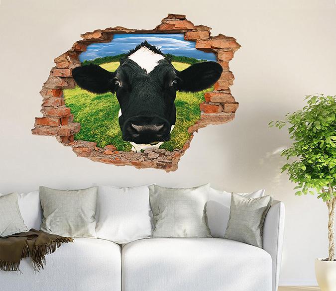 3D Funny Cow 24 Broken Wall Murals