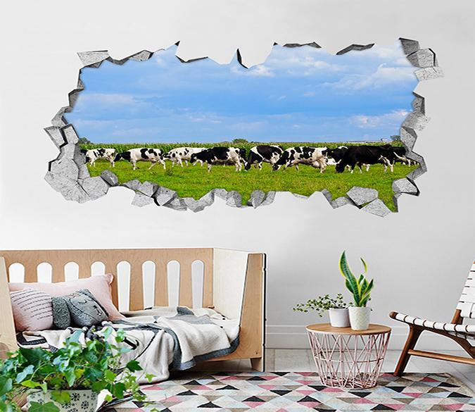 3D Grassland Cows 032 Broken Wall Murals