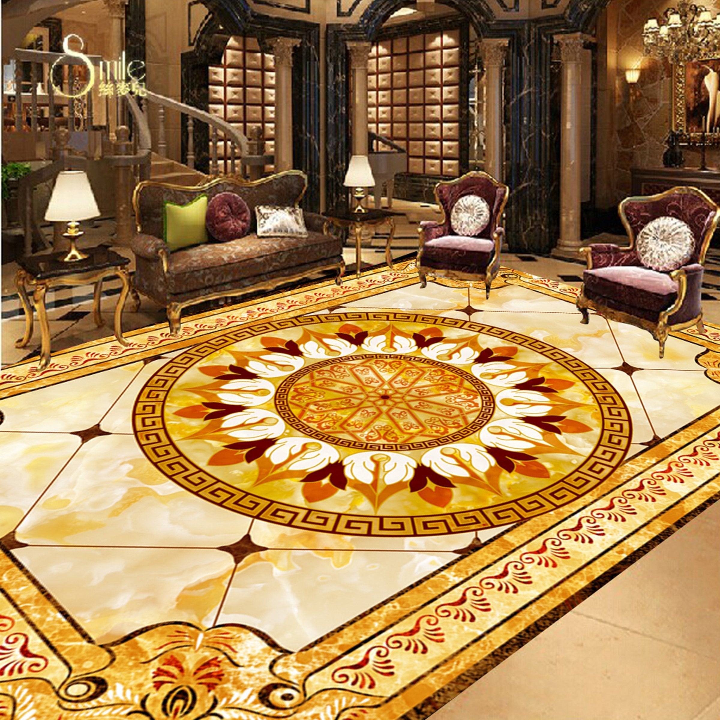 3D Gold Pattern WG529 Floor Mural  Self-Adhesive Sticker Bathroom Non-slip Waterproof Flooring Murals