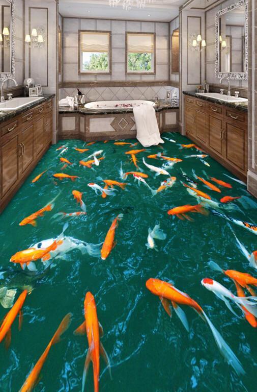3D Goldfish Pond Floor Mural  Non-slip, Waterproof  & Removable Rug Mat & Floor Murals