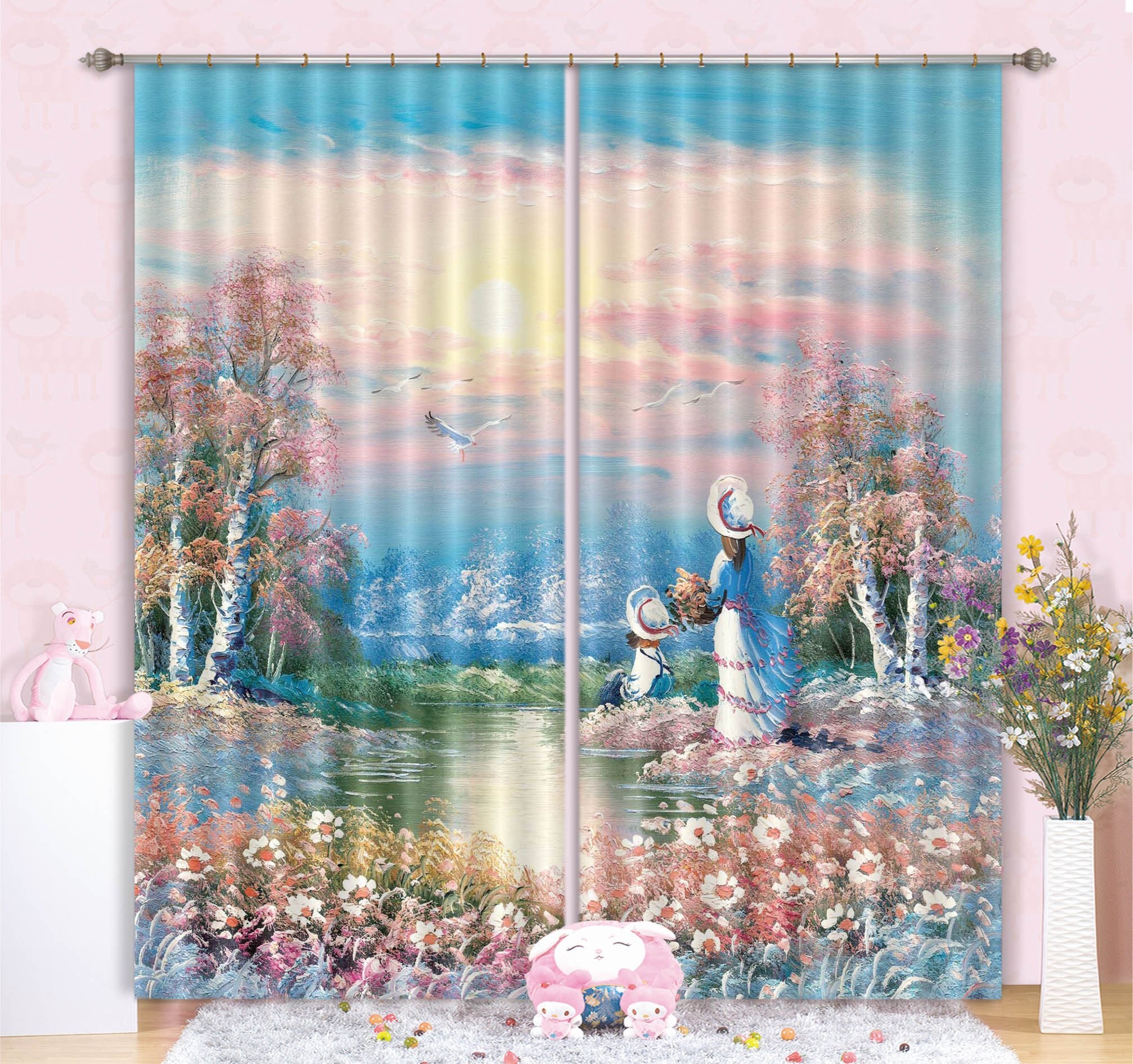 3D Girls River Scenery 243 Curtains Drapes