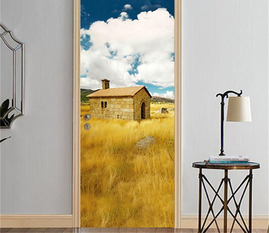 3D grassland field stone house door mural