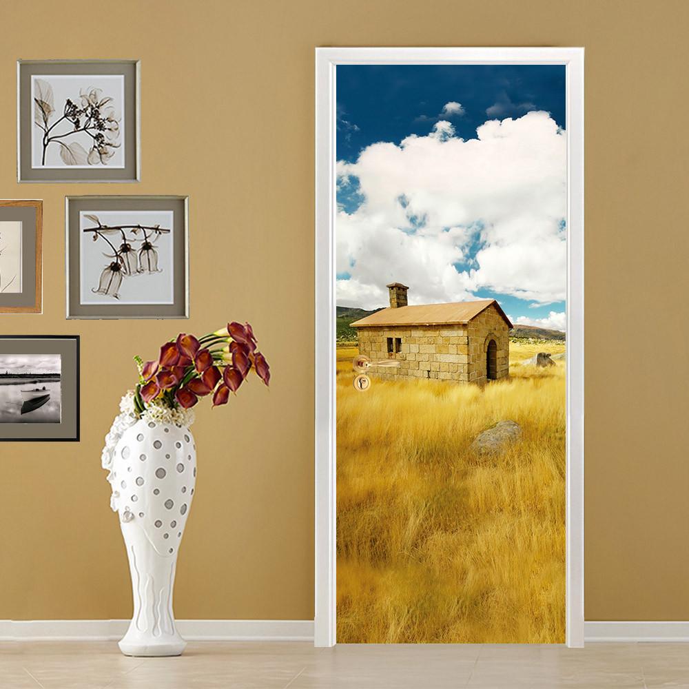 3D grassland field stone house door mural