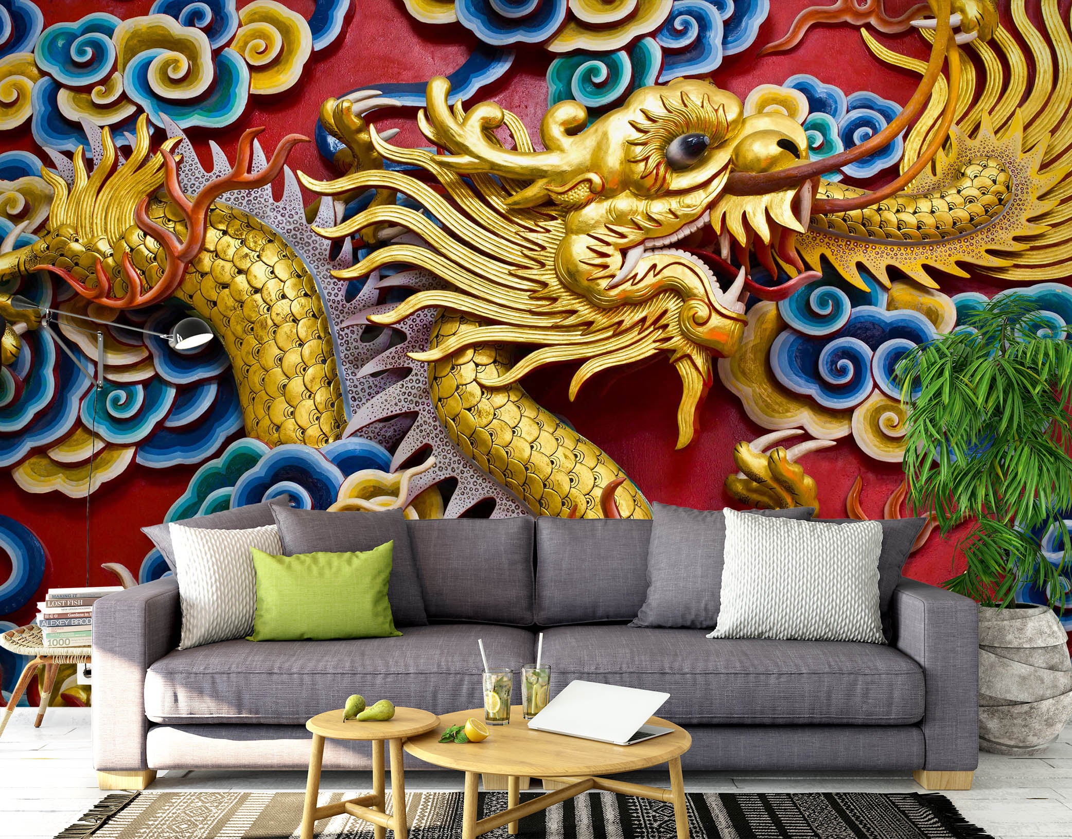 3D Golden Dragon Carving 1524 Wall Murals