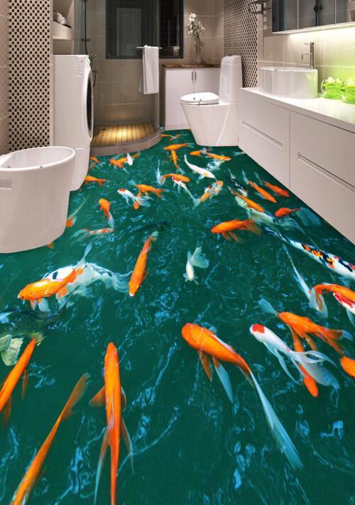 3D Goldfish Pond Floor Mural  Non-slip, Waterproof  & Removable Rug Mat & Floor Murals