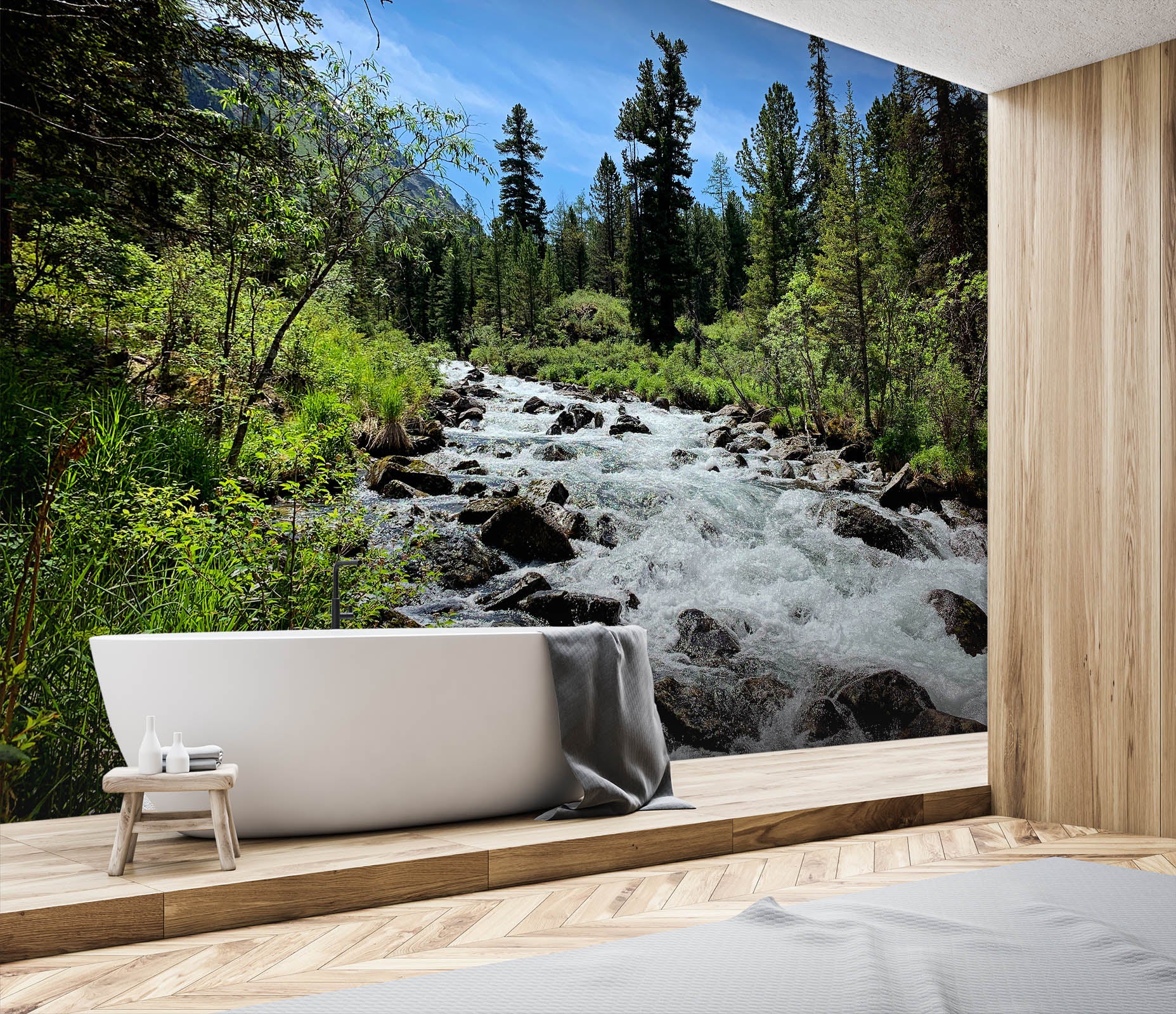 3D Forest Stone River 56 Wall Murals