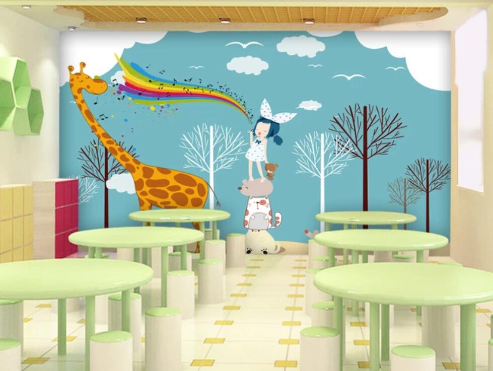 3D Girl And Giraffe Sharing The Rainbow 1109 Wall Murals