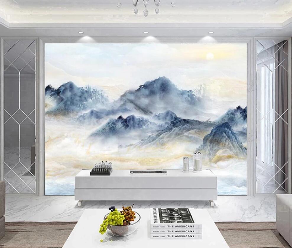 3D Golden Clouds And Blue Mountains 1323 Wall Murals