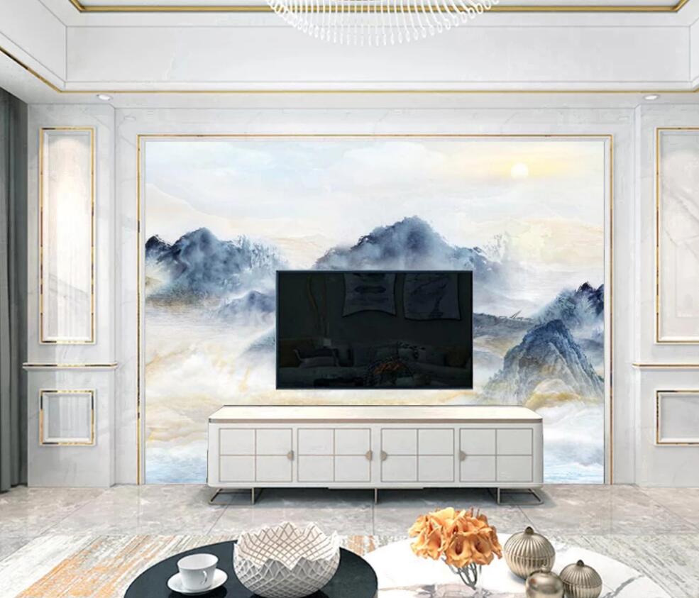 3D Golden Clouds And Blue Mountains 1323 Wall Murals