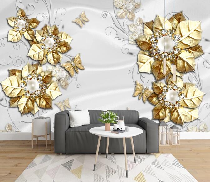 3D Golden Leaves 379 Wall Murals