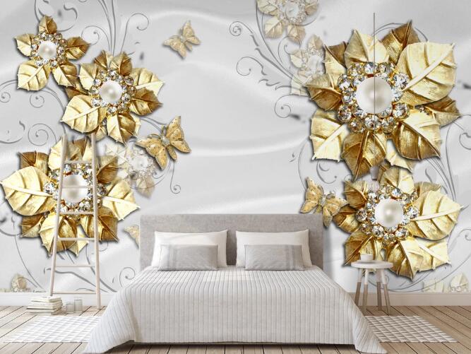 3D Golden Leaves 379 Wall Murals