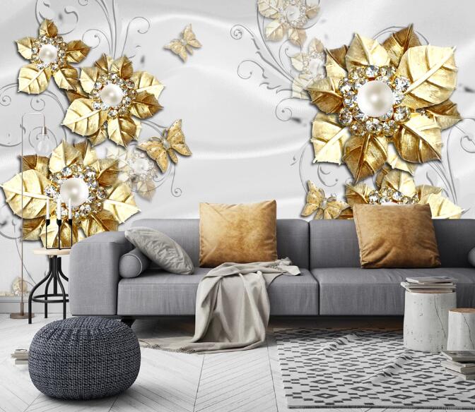 3D Golden Leaves 379 Wall Murals