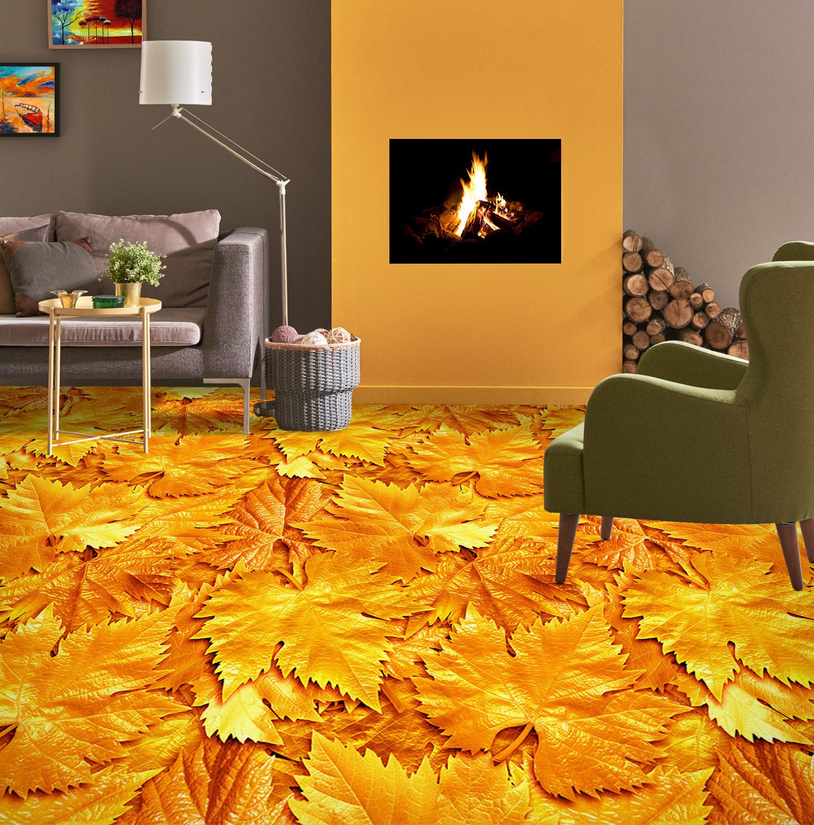 3D Golden Maple Leaves 1419 Floor Mural  Wallpaper Murals Self-Adhesive Removable Print Epoxy