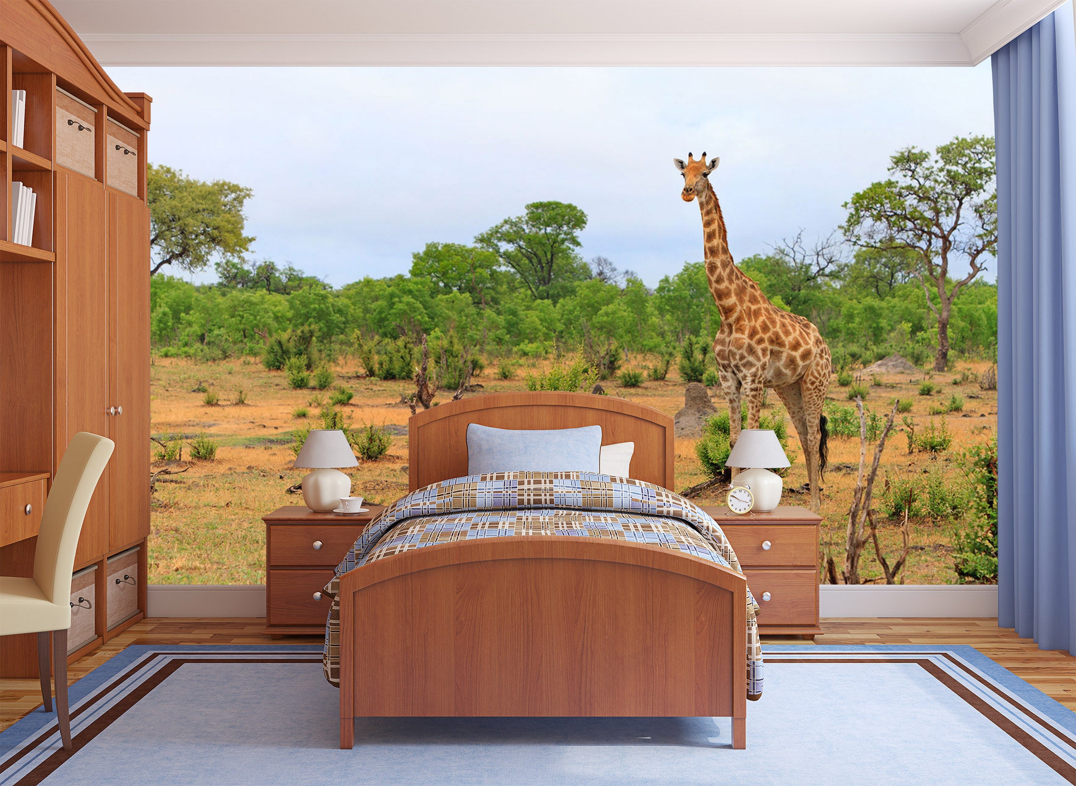 3D Giraffe Grassland 345 Wall Murals